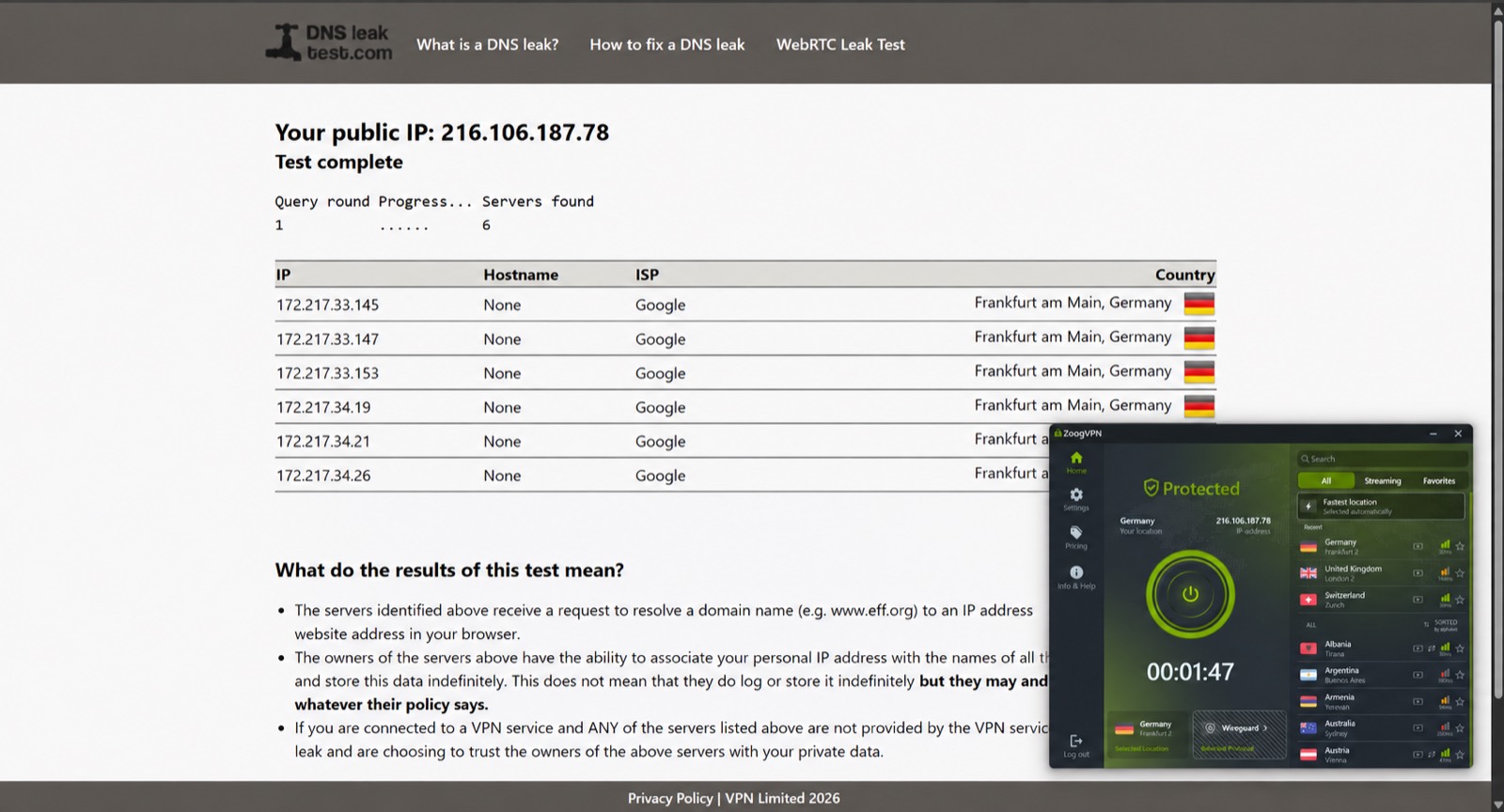 DNS leak — completed, Germany