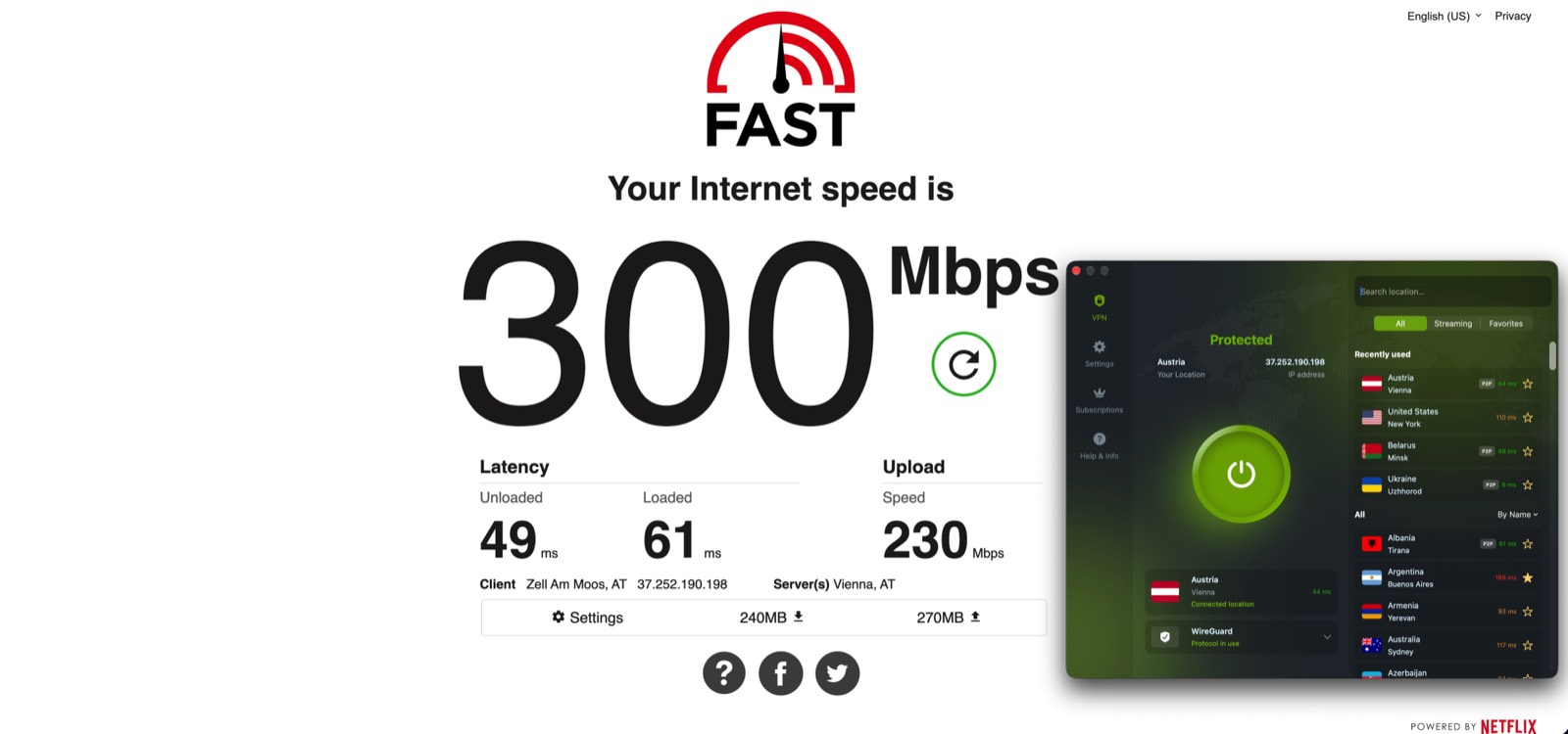 Vienna, WireGuard — FAST.com