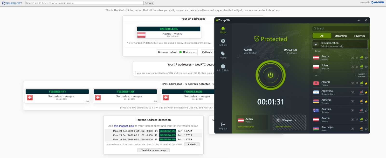 Torrent IP leak — ipleak.net